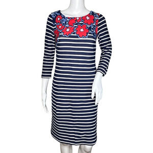 Talbots Dress Womens XS Petite Navy Blue White Striped Floral Sheath Work Casual